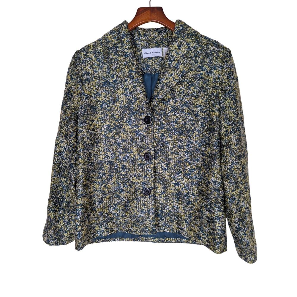 Alfred Dunner Women's Green Boucle Tweed Button Front Blazer Jacket Size 10